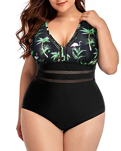 Tummy Control Cheeky One Piece Swimsuits For Women Plus Size-Black Palm Tree