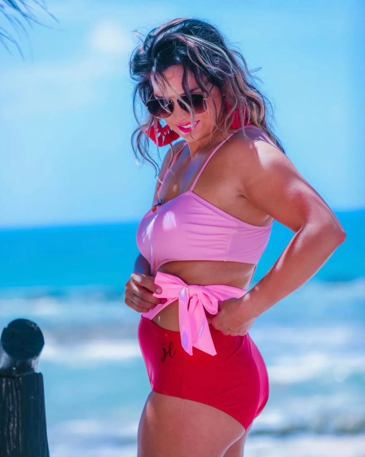 Two Tone Pink One Piece Side Cut Wrap Tie Swimsuit