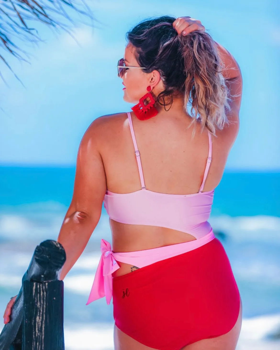 Two Tone Pink One Piece Side Cut Wrap Tie Swimsuit