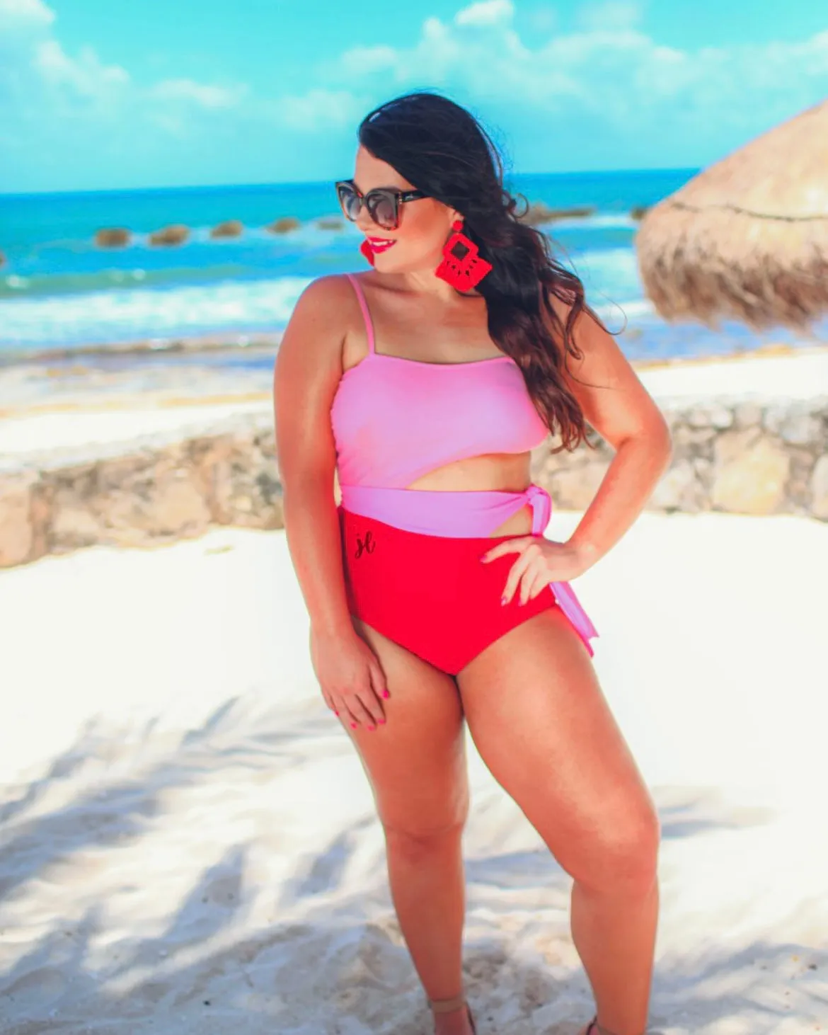 Two Tone Pink One Piece Side Cut Wrap Tie Swimsuit
