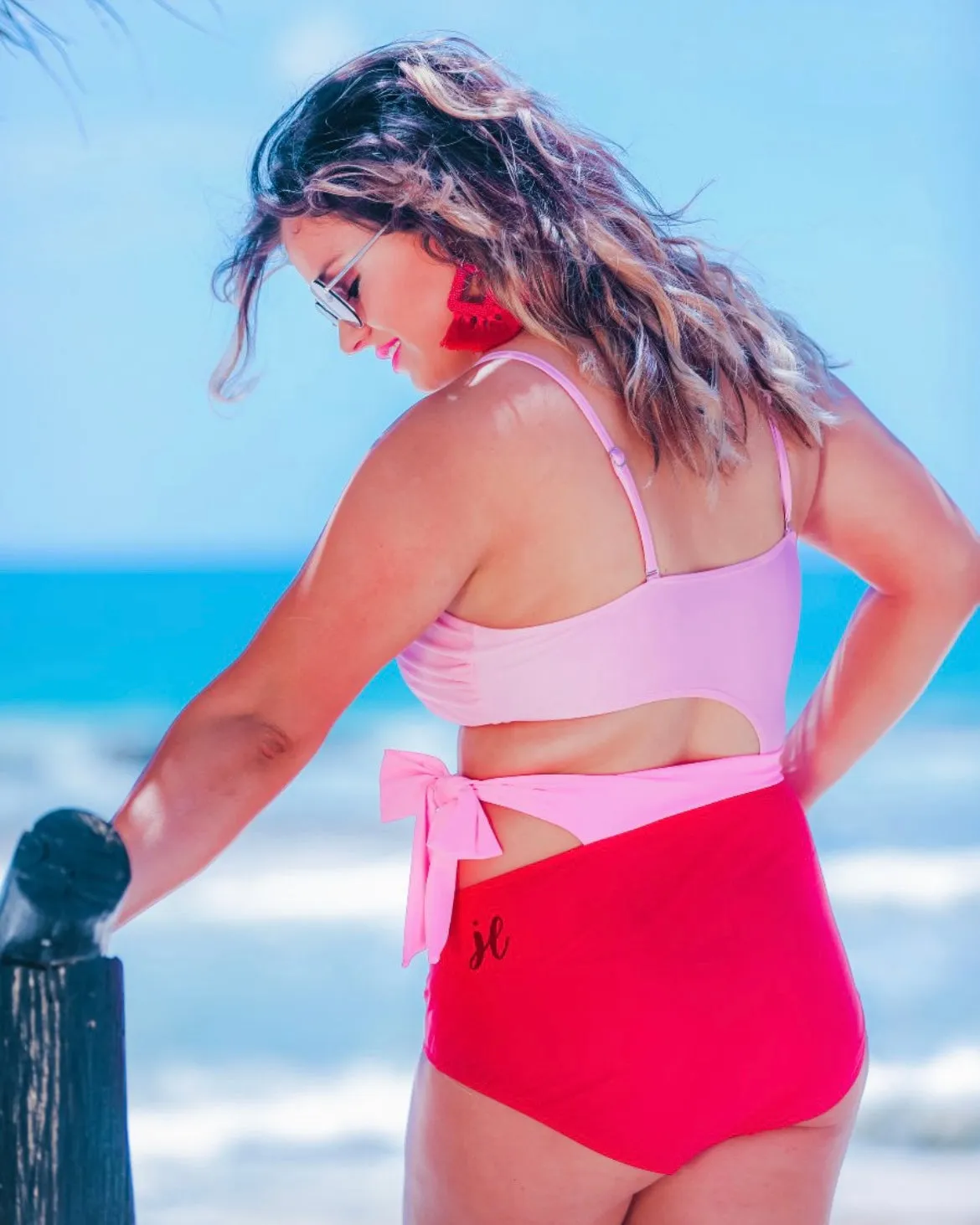 Two Tone Pink One Piece Side Cut Wrap Tie Swimsuit