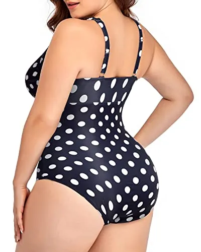 Ultra Soft Skin-Friendly Women Plus Size One Piece Swimsuits Built-In Liner-Blue Dots