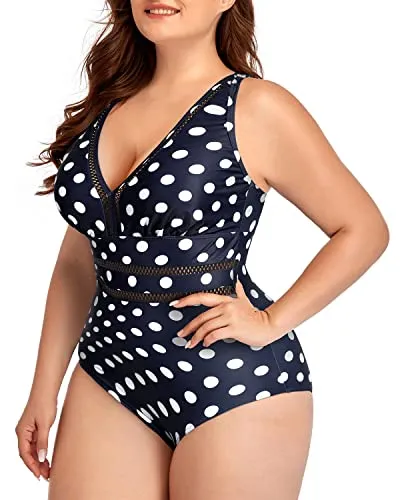 Ultra Soft Skin-Friendly Women Plus Size One Piece Swimsuits Built-In Liner-Blue Dots