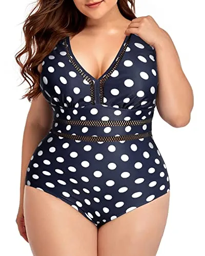 Ultra Soft Skin-Friendly Women Plus Size One Piece Swimsuits Built-In Liner-Blue Dots