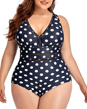 Ultra Soft Skin-Friendly Women Plus Size One Piece Swimsuits Built-In Liner-Blue Dots