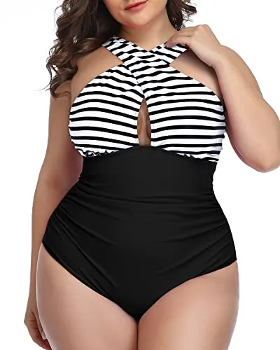 Unique Keyhole Tummy Control Bathing Suits For Women-Black And White Stripe