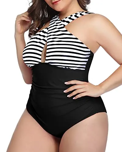 Unique Keyhole Tummy Control Bathing Suits For Women-Black And White Stripe