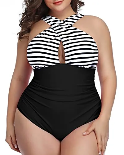 Unique Keyhole Tummy Control Bathing Suits For Women-Black And White Stripe