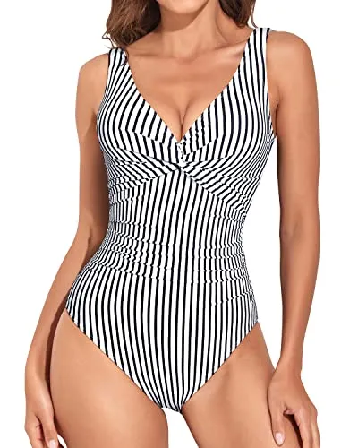 V Neck Bathing Suit For Women Vintage Push Up Monokini-Black And White Stripe