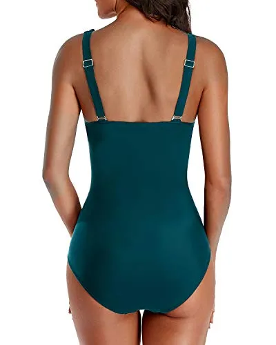 V Neck Ruffled One Piece Swimsuit For Women-Teal