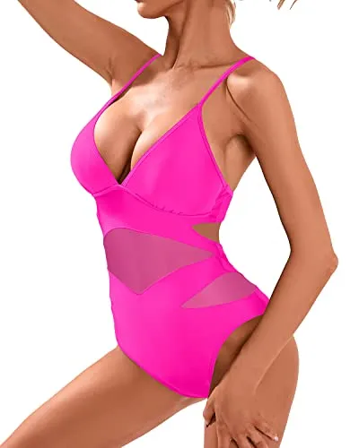 V Neck Sexy One Piece Swimsuits Mesh High Waisted Bathing Suits-Neon Pink