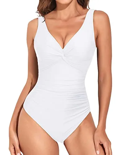 V Neck Twist Front Monokini Vintage Tummy Control Swimsuit-White