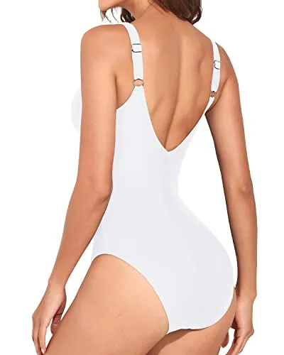 V Neck Twist Front Monokini Vintage Tummy Control Swimsuit-White