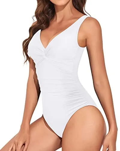 V Neck Twist Front Monokini Vintage Tummy Control Swimsuit-White