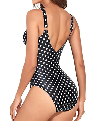 V Neck Women Vintage Swimsuit Twist Front Knot Monokini-Black Dot