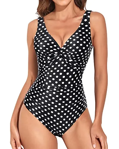 V Neck Women Vintage Swimsuit Twist Front Knot Monokini-Black Dot