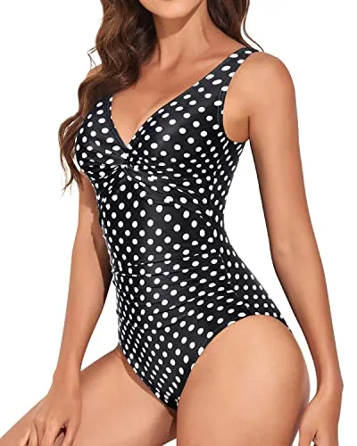 V Neck Women Vintage Swimsuit Twist Front Knot Monokini-Black Dot