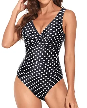V Neck Women Vintage Swimsuit Twist Front Knot Monokini-Black Dot