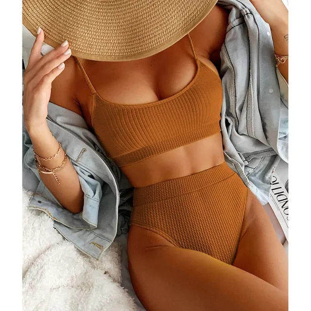 VenusFox High Waist Bikinis Swimwear Women Push Up Swimsuits Ribbed Bathing Suits High Cut Sexy Biquini 2021 Summer Beachwear