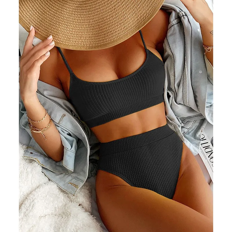 VenusFox High Waist Bikinis Swimwear Women Push Up Swimsuits Ribbed Bathing Suits High Cut Sexy Biquini 2021 Summer Beachwear