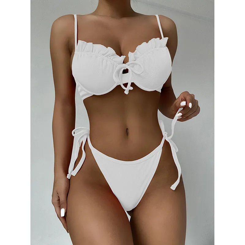 VenusFox Riseado Ruffle Sexy Bikinis Push Up Swimwear Women 2021 Ribbed Swimsuits Solid Bathing Suits High Cut Beach Wear Biquini Thong