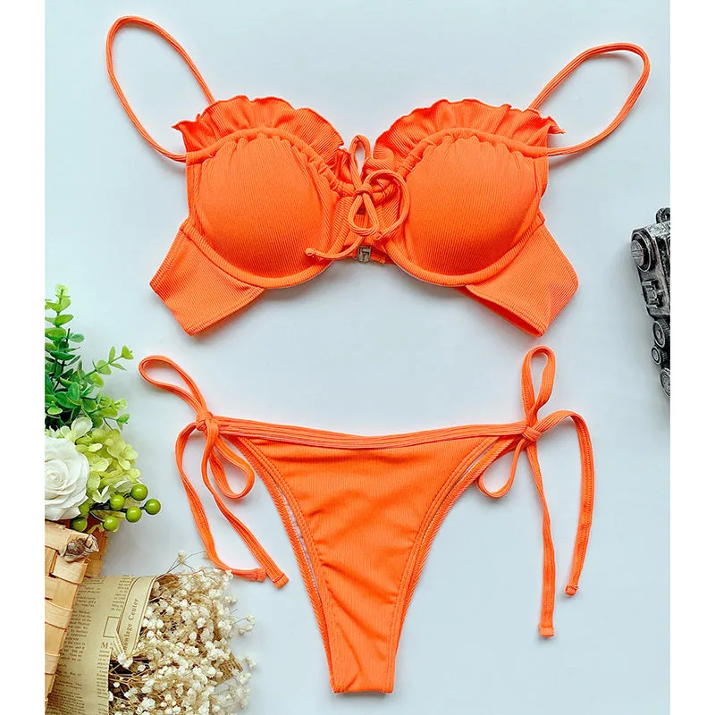VenusFox Riseado Ruffle Sexy Bikinis Push Up Swimwear Women 2021 Ribbed Swimsuits Solid Bathing Suits High Cut Beach Wear Biquini Thong