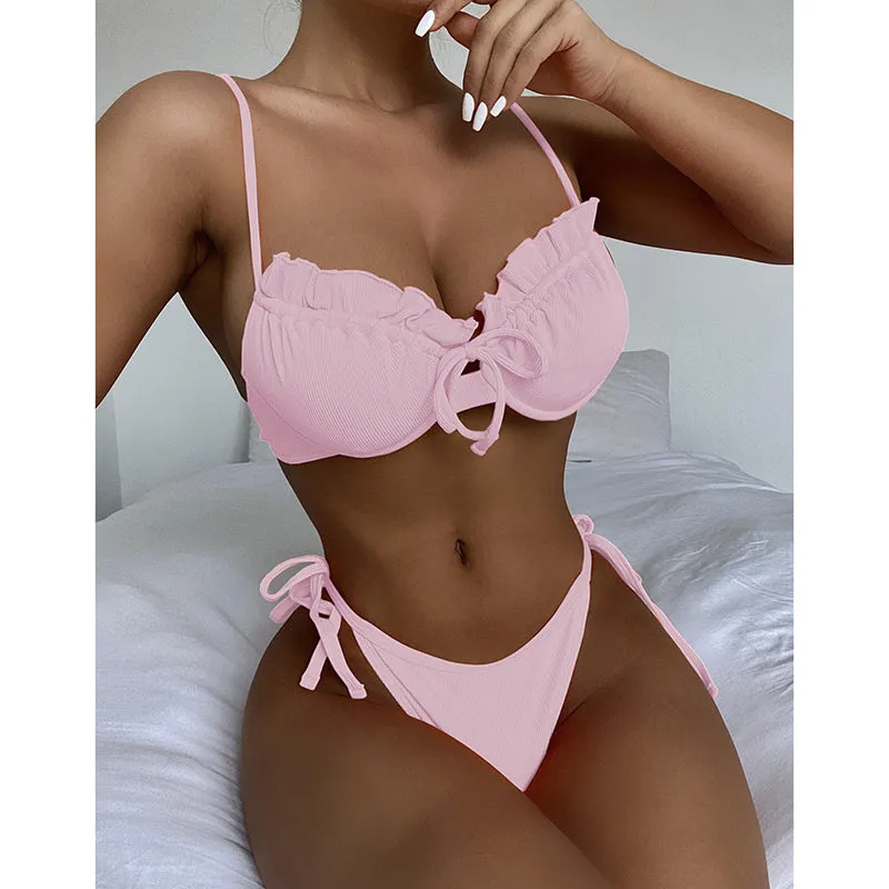 VenusFox Riseado Ruffle Sexy Bikinis Push Up Swimwear Women 2021 Ribbed Swimsuits Solid Bathing Suits High Cut Beach Wear Biquini Thong