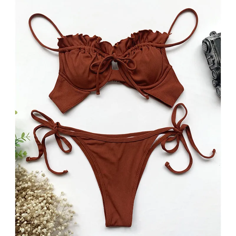 VenusFox Riseado Ruffle Sexy Bikinis Push Up Swimwear Women 2021 Ribbed Swimsuits Solid Bathing Suits High Cut Beach Wear Biquini Thong