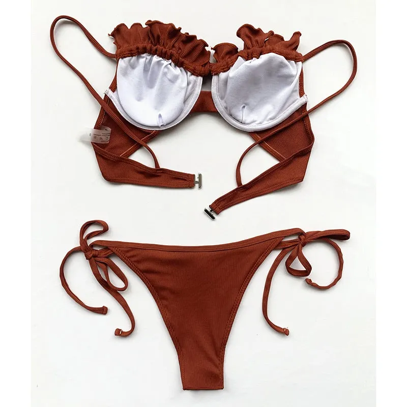 VenusFox Riseado Ruffle Sexy Bikinis Push Up Swimwear Women 2021 Ribbed Swimsuits Solid Bathing Suits High Cut Beach Wear Biquini Thong