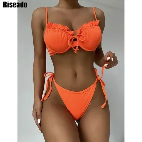 VenusFox Riseado Ruffle Sexy Bikinis Push Up Swimwear Women 2021 Ribbed Swimsuits Solid Bathing Suits High Cut Beach Wear Biquini Thong