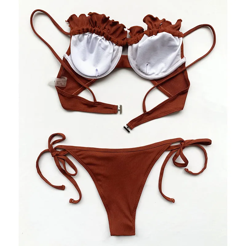 VenusFox Riseado Ruffle Sexy Bikinis Push Up Swimwear Women 2021 Ribbed Swimsuits Solid Bathing Suits High Cut Beach Wear Biquini Thong