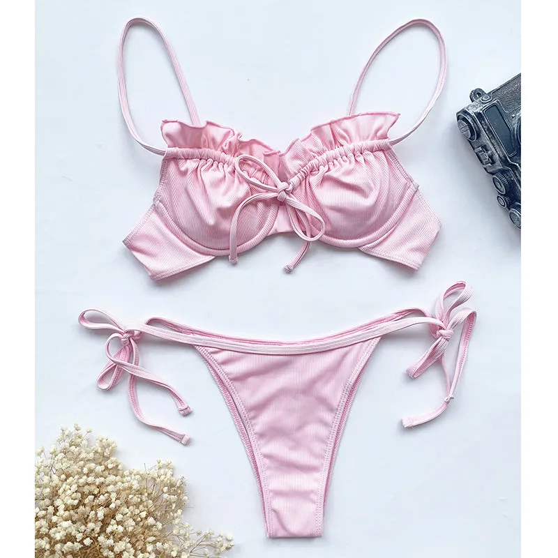 VenusFox Riseado Ruffle Sexy Bikinis Push Up Swimwear Women 2021 Ribbed Swimsuits Solid Bathing Suits High Cut Beach Wear Biquini Thong