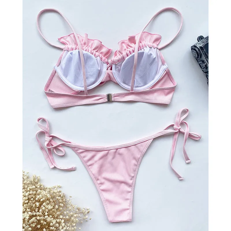 VenusFox Riseado Ruffle Sexy Bikinis Push Up Swimwear Women 2021 Ribbed Swimsuits Solid Bathing Suits High Cut Beach Wear Biquini Thong