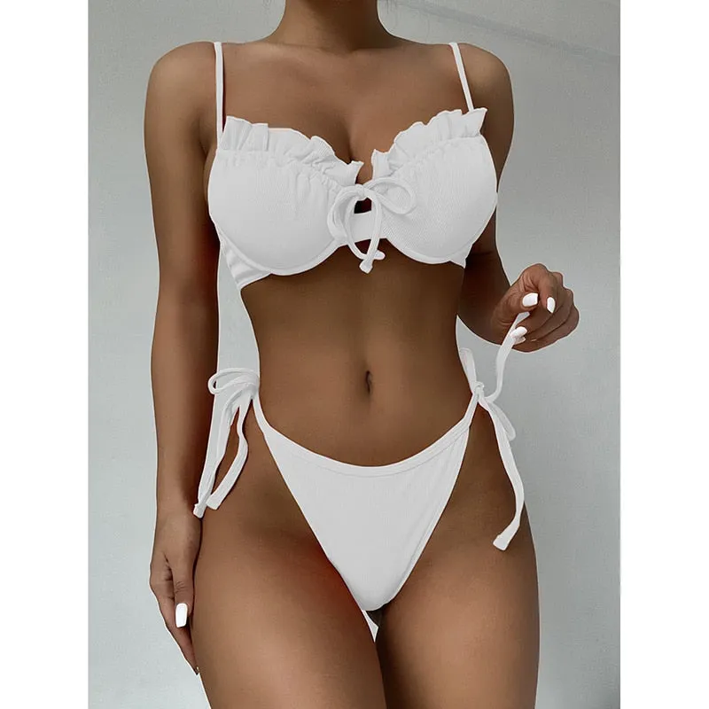 VenusFox Riseado Ruffle Sexy Bikinis Push Up Swimwear Women 2021 Ribbed Swimsuits Solid Bathing Suits High Cut Beach Wear Biquini Thong