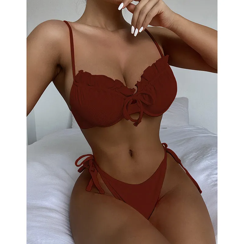 VenusFox Riseado Ruffle Sexy Bikinis Push Up Swimwear Women 2021 Ribbed Swimsuits Solid Bathing Suits High Cut Beach Wear Biquini Thong
