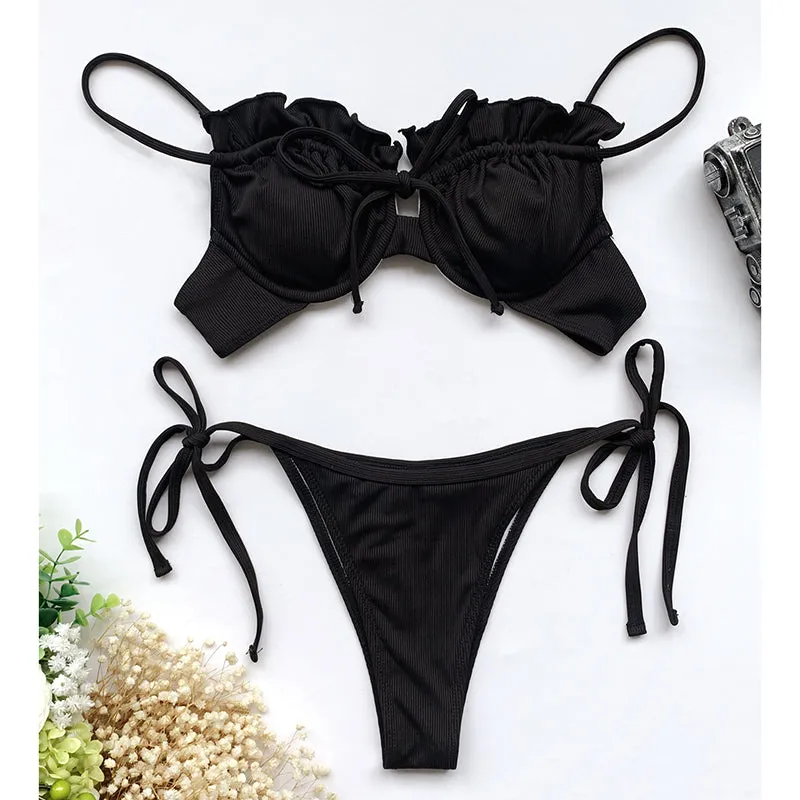 VenusFox Riseado Ruffle Sexy Bikinis Push Up Swimwear Women 2021 Ribbed Swimsuits Solid Bathing Suits High Cut Beach Wear Biquini Thong