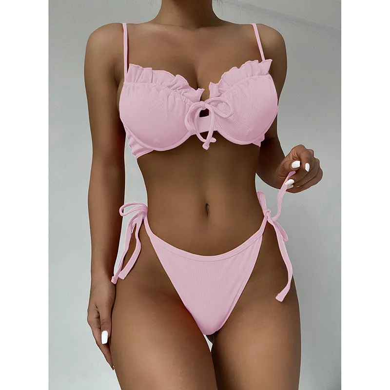 VenusFox Riseado Ruffle Sexy Bikinis Push Up Swimwear Women 2021 Ribbed Swimsuits Solid Bathing Suits High Cut Beach Wear Biquini Thong