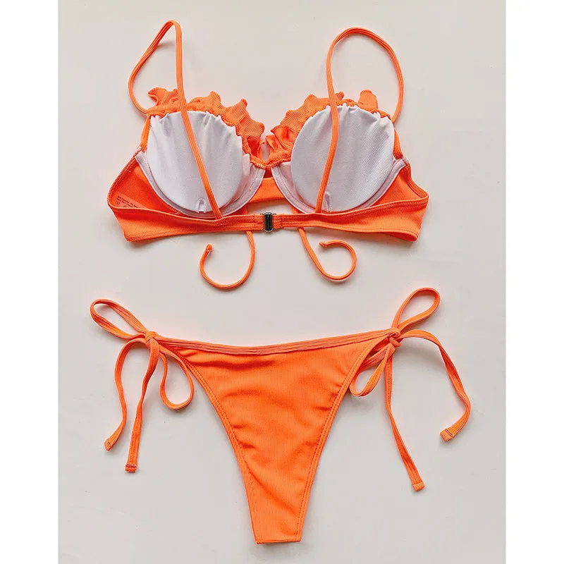VenusFox Riseado Ruffle Sexy Bikinis Push Up Swimwear Women 2021 Ribbed Swimsuits Solid Bathing Suits High Cut Beach Wear Biquini Thong
