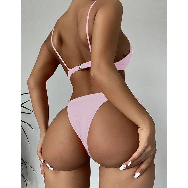 VenusFox Riseado Ruffle Sexy Bikinis Push Up Swimwear Women 2021 Ribbed Swimsuits Solid Bathing Suits High Cut Beach Wear Biquini Thong