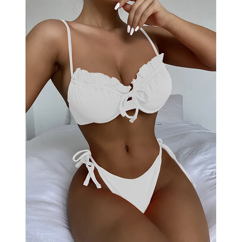 VenusFox Riseado Ruffle Sexy Bikinis Push Up Swimwear Women 2021 Ribbed Swimsuits Solid Bathing Suits High Cut Beach Wear Biquini Thong