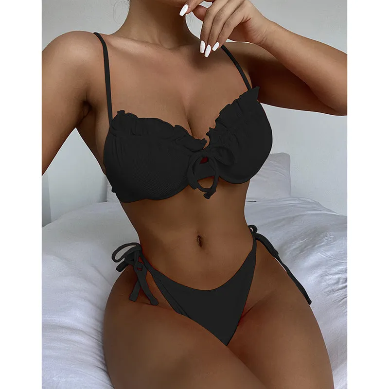 VenusFox Riseado Ruffle Sexy Bikinis Push Up Swimwear Women 2021 Ribbed Swimsuits Solid Bathing Suits High Cut Beach Wear Biquini Thong