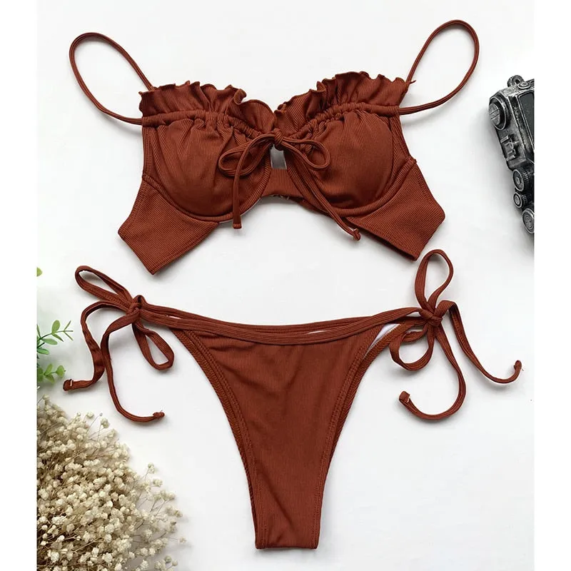 VenusFox Riseado Ruffle Sexy Bikinis Push Up Swimwear Women 2021 Ribbed Swimsuits Solid Bathing Suits High Cut Beach Wear Biquini Thong