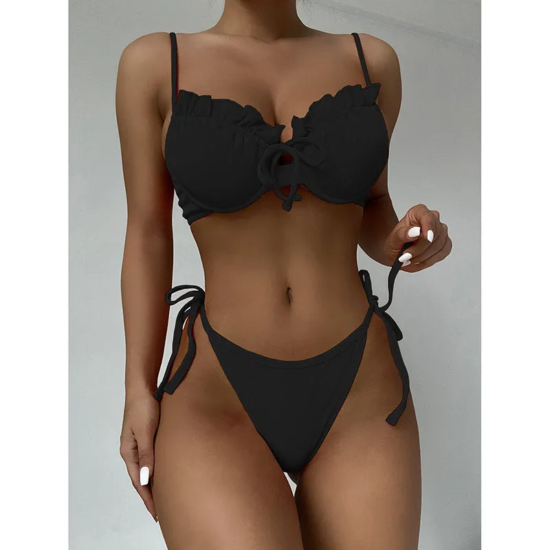VenusFox Riseado Ruffle Sexy Bikinis Push Up Swimwear Women 2021 Ribbed Swimsuits Solid Bathing Suits High Cut Beach Wear Biquini Thong
