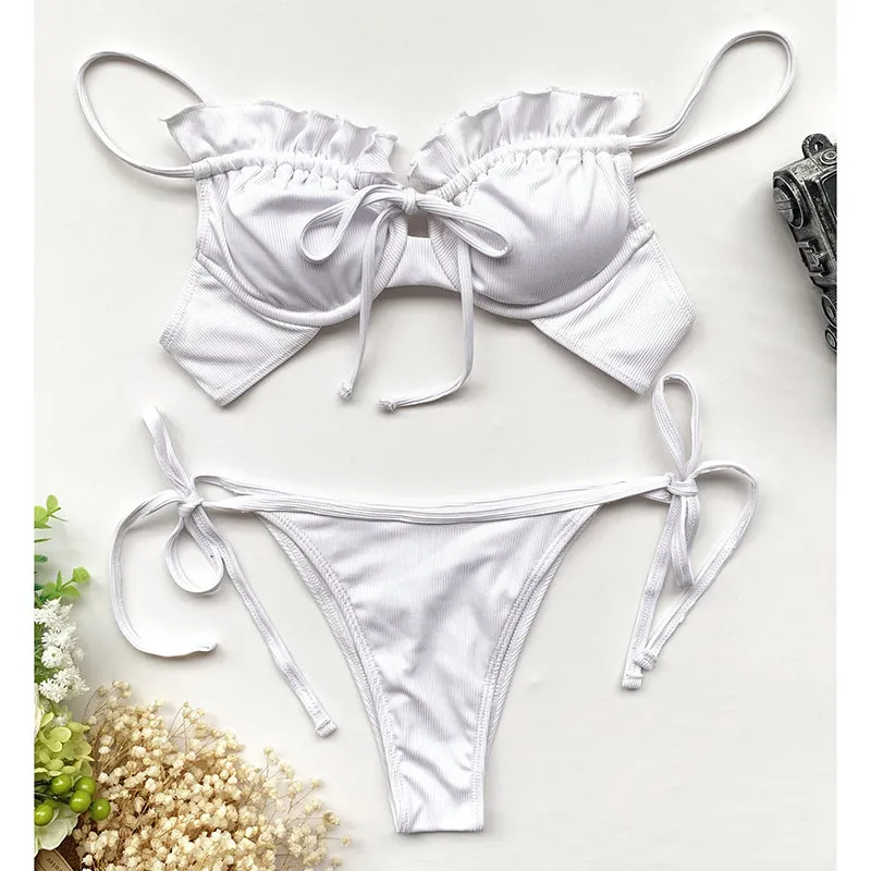 VenusFox Riseado Ruffle Sexy Bikinis Push Up Swimwear Women 2021 Ribbed Swimsuits Solid Bathing Suits High Cut Beach Wear Biquini Thong