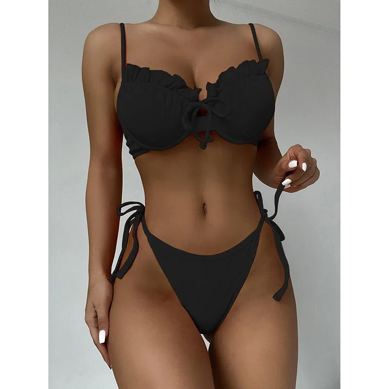 VenusFox Riseado Ruffle Sexy Bikinis Push Up Swimwear Women 2021 Ribbed Swimsuits Solid Bathing Suits High Cut Beach Wear Biquini Thong