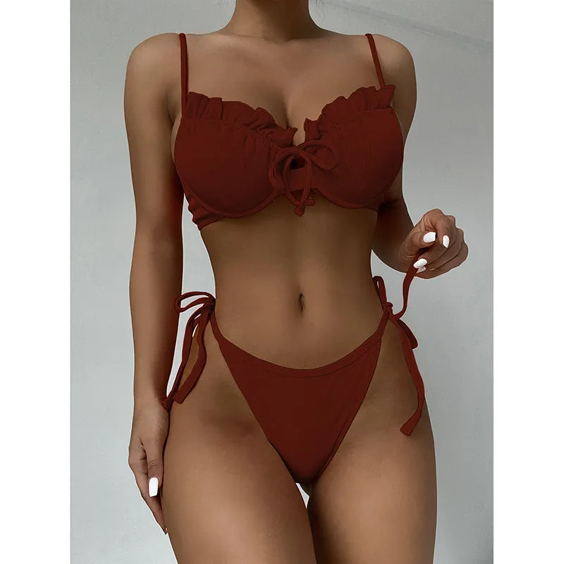 VenusFox Riseado Ruffle Sexy Bikinis Push Up Swimwear Women 2021 Ribbed Swimsuits Solid Bathing Suits High Cut Beach Wear Biquini Thong