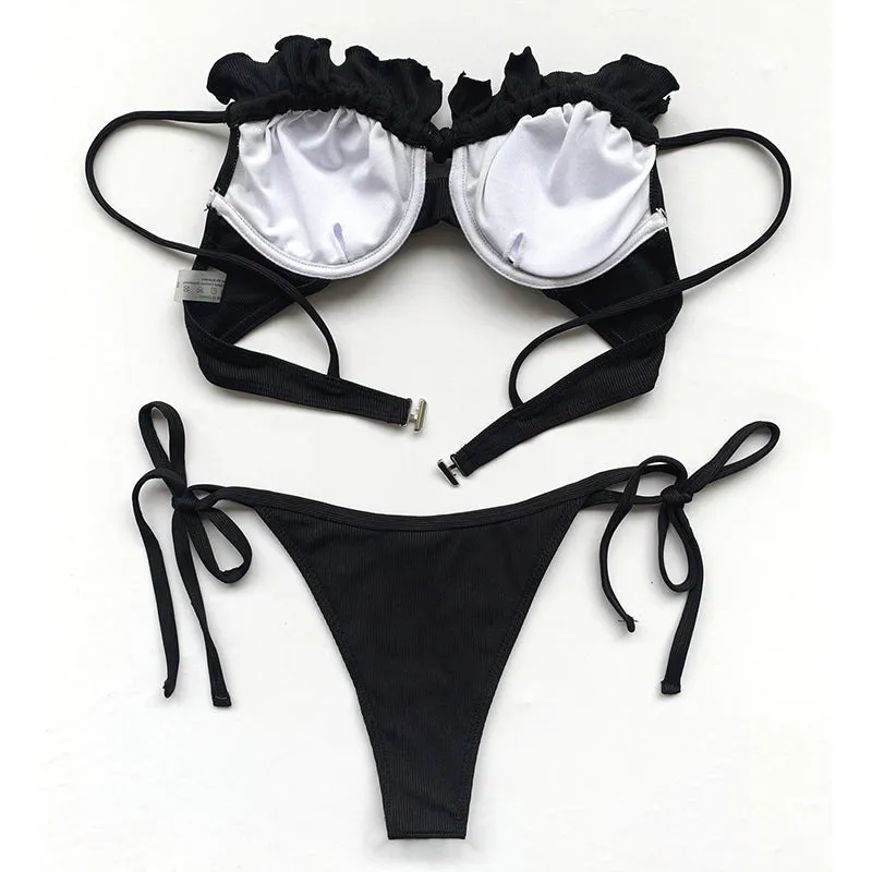 VenusFox Riseado Ruffle Sexy Bikinis Push Up Swimwear Women 2021 Ribbed Swimsuits Solid Bathing Suits High Cut Beach Wear Biquini Thong