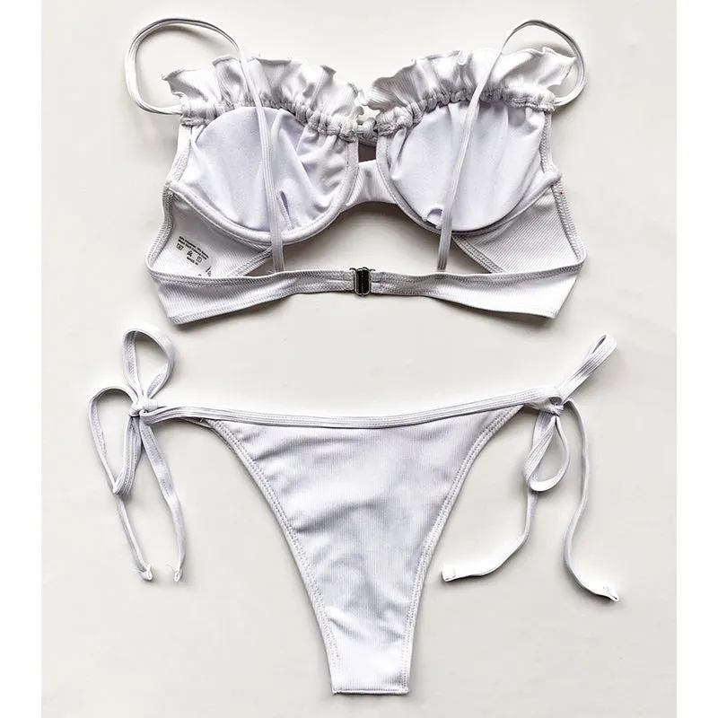 VenusFox Riseado Ruffle Sexy Bikinis Push Up Swimwear Women 2021 Ribbed Swimsuits Solid Bathing Suits High Cut Beach Wear Biquini Thong