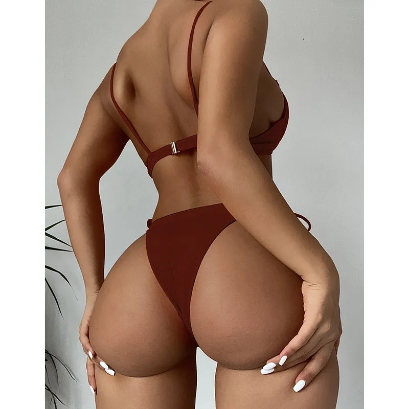 VenusFox Riseado Ruffle Sexy Bikinis Push Up Swimwear Women 2021 Ribbed Swimsuits Solid Bathing Suits High Cut Beach Wear Biquini Thong