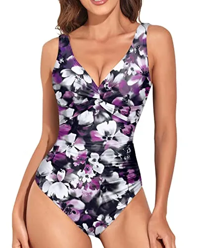 Vintage V Neck Ruch Shirred Tummy Control Bathing Suit-Purple Floral